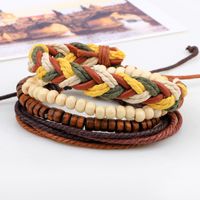 Simple Round Wooden Beads Leather String Beaded Bracelet sku image 1