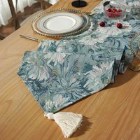 Cloth Dad Factory In Stock American Oil Painting Yarn-dyed Jacquard Flower Bed Runner Cotton Thread Large Tassel Long Cover Cloth Table Runner main image 5