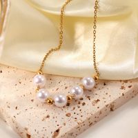Fashion Stainless Steel Five Pearl Small Gold Bead Necklace main image 1
