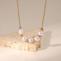 Fashion Stainless Steel Five Pearl Small Gold Bead Necklace main image 5