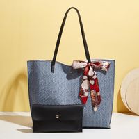 Silk Scarf Big Bag Imitation Woven Pu Bag Solid Color Clutch Bag Fashion Shoulder Bag sku image 3