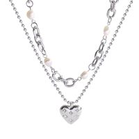 Fashion Heart Titanium Steel Necklace Hip Hop Double Pearl Pendant Clavicle Chain main image 1