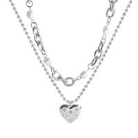 Fashion Heart Titanium Steel Necklace Hip Hop Double Pearl Pendant Clavicle Chain main image 2