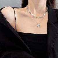 Fashion Heart Titanium Steel Necklace Hip Hop Double Pearl Pendant Clavicle Chain main image 3