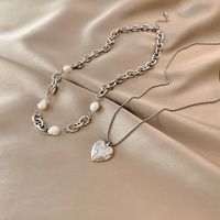 Fashion Heart Titanium Steel Necklace Hip Hop Double Pearl Pendant Clavicle Chain main image 4
