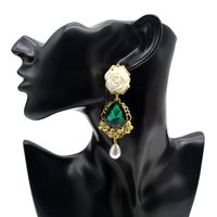 Baroque Retro Emerald Earrings White Porcelain Flower Pearl Pendant Long Earrings main image 3