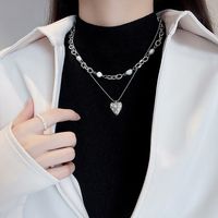 Fashion Heart Titanium Steel Necklace Hip Hop Double Pearl Pendant Clavicle Chain sku image 1