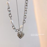 European And American Double-layer Titanium Steel Necklace Retro Pearl Sweater Chain main image 6