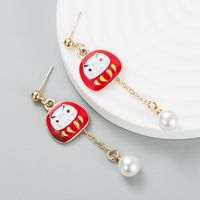 Creative New Year Red Koi Alloy Oil Drop Pearl Asymmetric Earrings main image 3