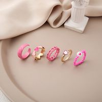 Korean Style Women's Tail Ring Pink Zircon Drop Oil Heart Striped Ring 5-piece Set main image 1