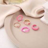 Korean Style Women's Tail Ring Pink Zircon Drop Oil Heart Striped Ring 5-piece Set main image 3