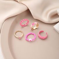Korean Style Women's Tail Ring Pink Zircon Drop Oil Heart Striped Ring 5-piece Set main image 4