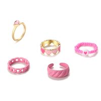 Korean Style Women's Tail Ring Pink Zircon Drop Oil Heart Striped Ring 5-piece Set main image 6