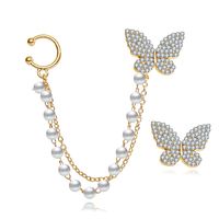 Hot Sale Inlaid Rhinestone Butterfly Earrings Creative Personality Flashing Diamond Chain Pearl Tassel Ear Clip sku image 7