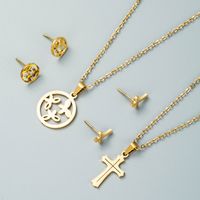 Fashion Stainless Steel Hollow Round Butterfly Cross Necklace Earrings 2-piece Set main image 1