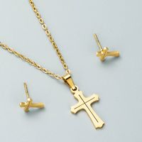 Fashion Stainless Steel Hollow Round Butterfly Cross Necklace Earrings 2-piece Set main image 6