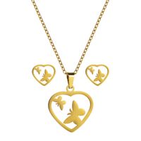 Fashion Stainless Steel Hollow Heart-shaped Butterfly Four Leaf Clover Necklace Earrings Set main image 4
