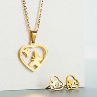 Fashion Stainless Steel Hollow Heart-shaped Butterfly Four Leaf Clover Necklace Earrings Set main image 5
