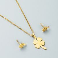 Titanium Steel Jewelry Fashion Hollow Heart Four-leaf Clover Necklace Earrings Set sku image 2