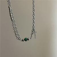 New Titanium Steel Simple Niche Design Imitation Jade Green Bead Necklace main image 3