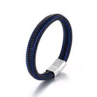 Black Blue Leather Leather Hand Rope Titanium Steel Buckle Braided Leather Rope Bracelet sku image 1