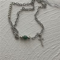 New Titanium Steel Simple Niche Design Imitation Jade Green Bead Necklace sku image 1