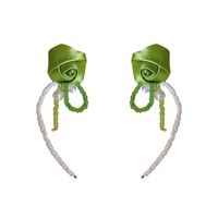 Vintage Green Fabric Flower Rhinestone Pearl Tassel Rose Bud Earrings main image 6