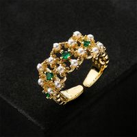 Fashion Real Gold Electroplated Copper Micro-inlaid Zircon Pearl Luxury Golden Open Ring main image 3