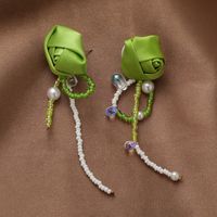 Vintage Green Fabric Flower Rhinestone Pearl Tassel Rose Bud Earrings sku image 1