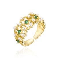 Fashion Real Gold Electroplated Copper Micro-inlaid Zircon Pearl Luxury Golden Open Ring sku image 1