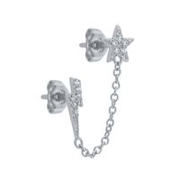S925 Silver Needle Star Lightning Diamond Chain Double Pierced Earrings sku image 2