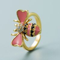 Fashion Copper Plated Gold Inlaid Zircon Bee Ring Simple Creative Color Drop Oil Open Ring main image 3