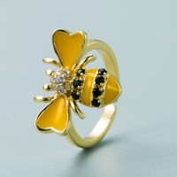 Fashion Copper Plated Gold Inlaid Zircon Bee Ring Simple Creative Color Drop Oil Open Ring main image 5
