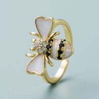Fashion Copper Plated Gold Inlaid Zircon Bee Ring Simple Creative Color Drop Oil Open Ring main image 7