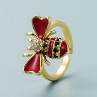 Fashion Copper Plated Gold Inlaid Zircon Bee Ring Simple Creative Color Drop Oil Open Ring sku image 3