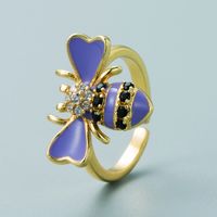 Fashion Copper Plated Gold Inlaid Zircon Bee Ring Simple Creative Color Drop Oil Open Ring sku image 4