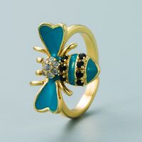 Fashion Copper Plated Gold Inlaid Zircon Bee Ring Simple Creative Color Drop Oil Open Ring sku image 6