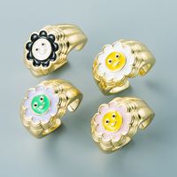 Fashion Copper Gold-plated Color Drip Oil Ring Sunflower Smiley Shape Open Ring main image 1