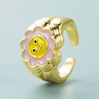 Fashion Copper Gold-plated Color Drip Oil Ring Sunflower Smiley Shape Open Ring main image 3