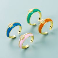 Fashion Copper Micro-encrusted Zircon Color Oil Drop Ring Simple Geometric Wide Face Open Ring main image 4