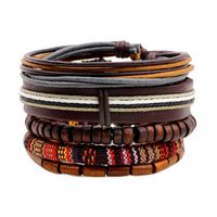 New Wooden Bead Wax Rope Leather Rope Braided Beaded Bracelet Five-piece Set main image 1