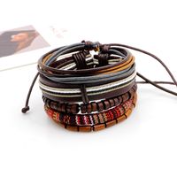 New Wooden Bead Wax Rope Leather Rope Braided Beaded Bracelet Five-piece Set main image 6