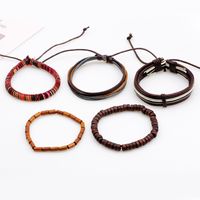 New Wooden Bead Wax Rope Leather Rope Braided Beaded Bracelet Five-piece Set main image 4
