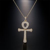 Retro Fashion Anka Cross Pendant Copper Plated Real Gold Zircon Necklace Religious Jewelry main image 1