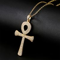 Retro Fashion Anka Cross Pendant Copper Plated Real Gold Zircon Necklace Religious Jewelry main image 4