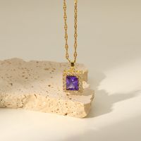 Fashion 18k Gold-plated Stainless Steel Necklace Square Violet Cubic Zirconia Pendant Necklace main image 4