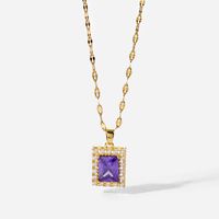 Fashion 18k Gold-plated Stainless Steel Necklace Square Violet Cubic Zirconia Pendant Necklace main image 6