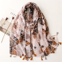 Yarn Cotton Linen Scarf Caramel Contrast Color Carving Floral Tassel Scarf Shawl main image 1