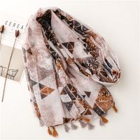 Yarn Cotton Linen Scarf Caramel Contrast Color Carving Floral Tassel Scarf Shawl main image 4
