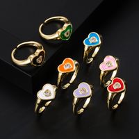 Fashion Copper Gold-plated Micro-inlaid Zircon Drop Oil Heart-shaped Ring Simple Open Ring Accessories main image 3